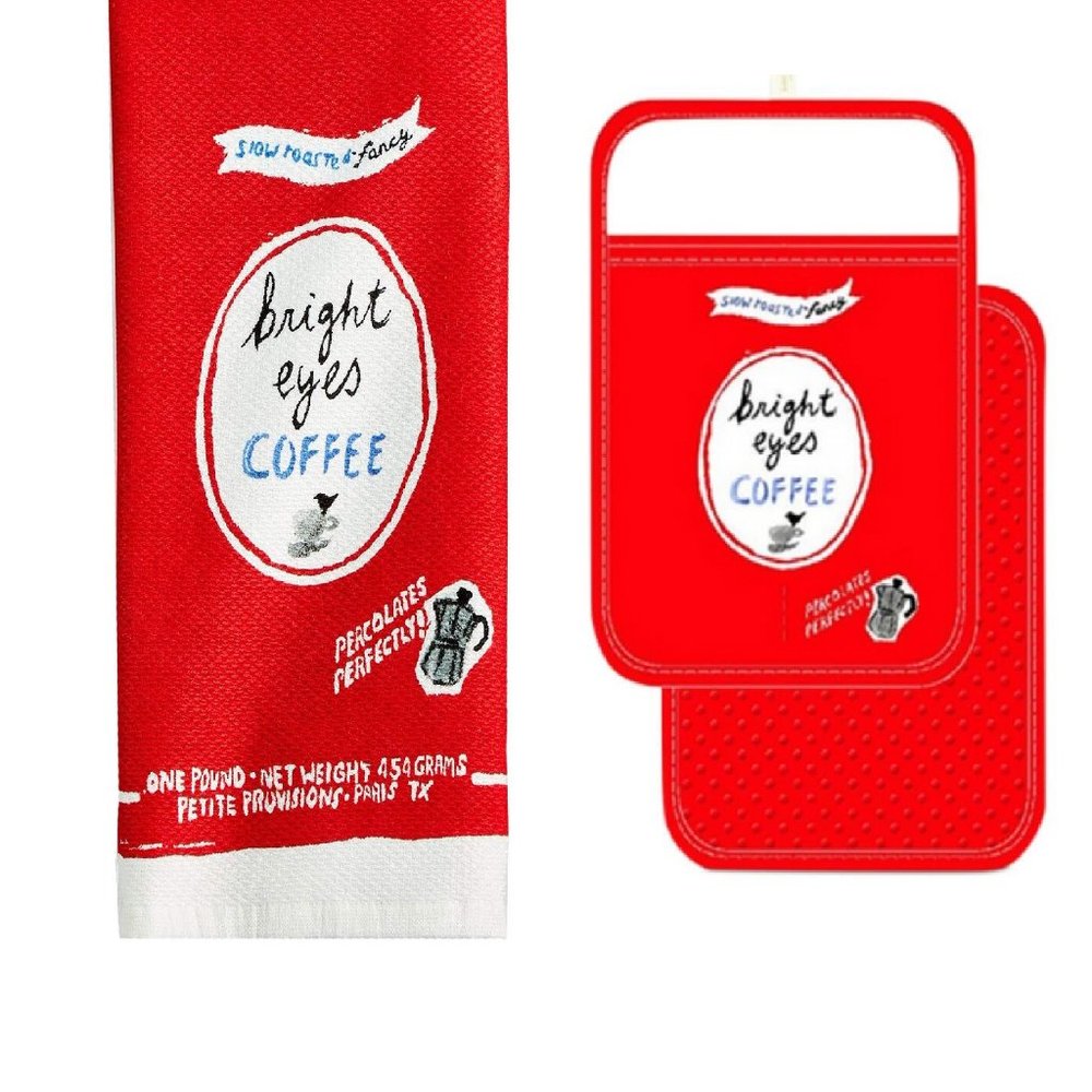 *SOLD* NWT Kate Spade "Bright Eyes Coffee" Kitchen Towel & Pot Holder Set